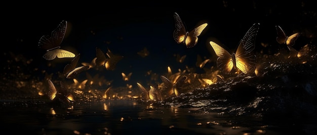 A photo of butterflies flying in the dark