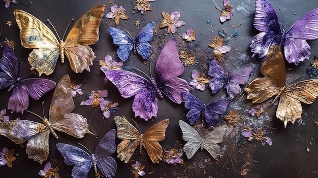 A photo of butterflies with purple and gold butterflies on a dark background.