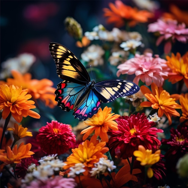 Photo of a butterfly among colorful flowers