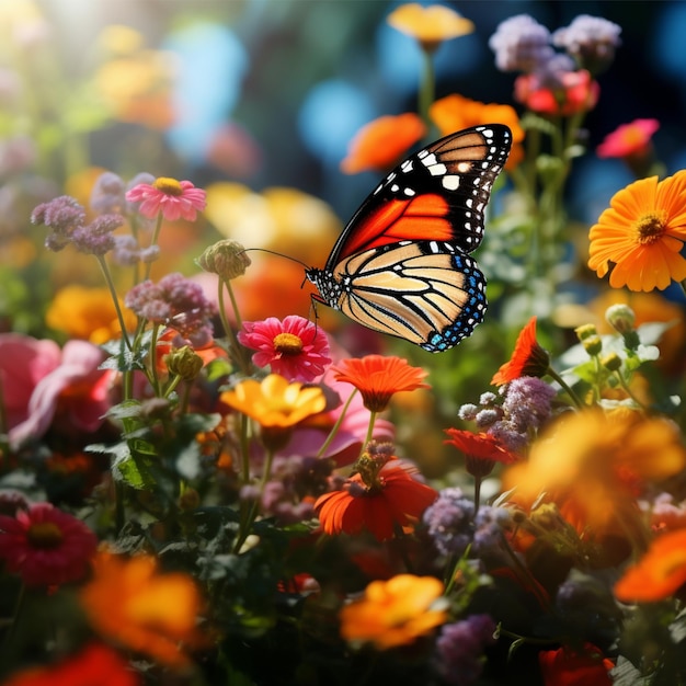 色とりどりの花の中の蝶の写真