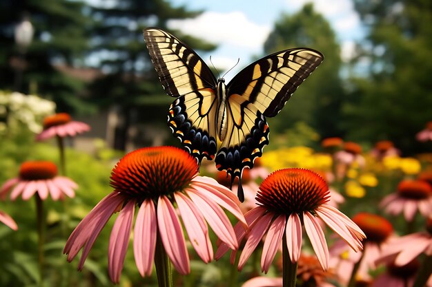 Photo of butterfly resting on a coneflower flower garden