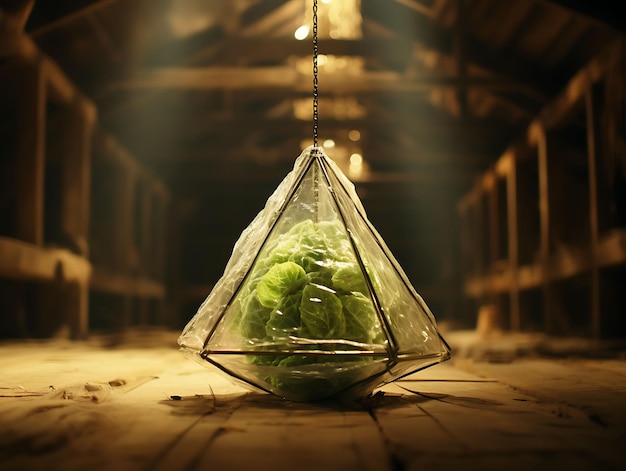 Photo of cabbage in a glass box octahedron with a rustic burlap strin decor scene beauty natural