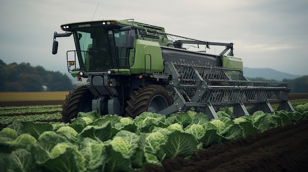 A photo of a cabbage harvester in a vegetable farm