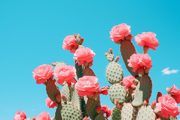 青い空を背景にピンクの花をかせたカクタスの写真