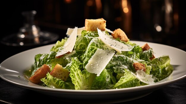 Foto foto di caesar salad come piatto in un ristorante di lusso