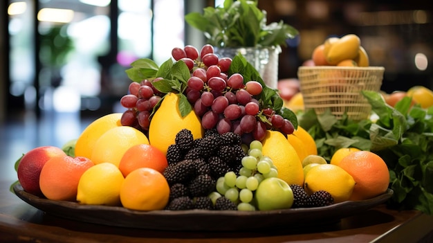 Фото из кафе с свежими фруктами, ягодами и цитрусовыми