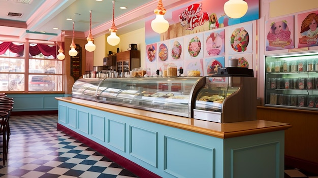 Photo a photo of a caf ice cream parlor with displayed flavors