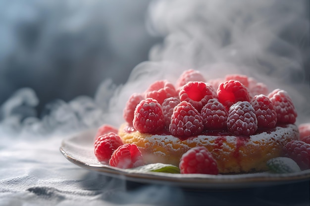 Photo a photo of a cake covered in raspberries