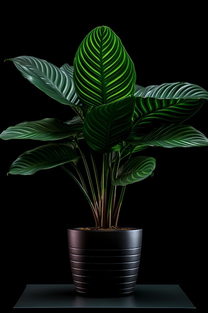 Photo of Calathea orbifolia in minimalist pot as houseplant for home decoration on black backgroun