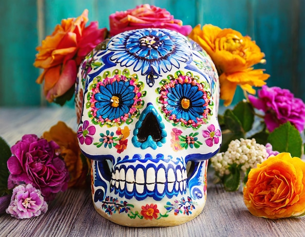 photo calavera sugar skull decorated with flowers the day of the dead generated by AI
