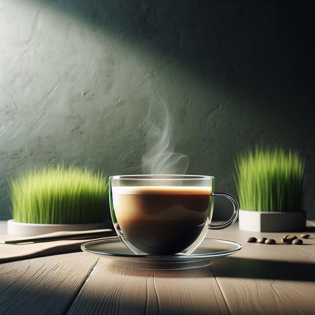 A photo of a calm morning coffee scene mug of coffee among the embrace of nature illuminated by