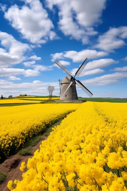 Photo of calming country windmill against a backdrop of blooming fiel peaceful landscapes calm