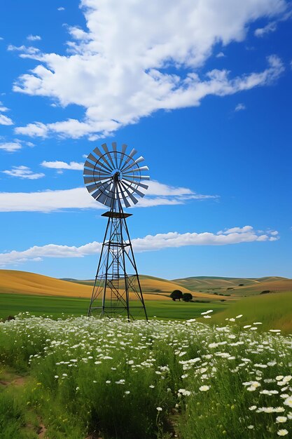 Photo of calming country windmill against a backdrop of rolling hills peaceful landscapes calm