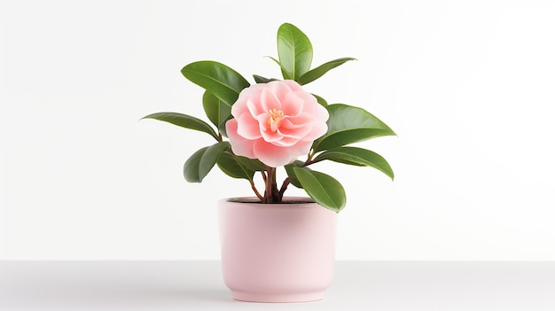 Photo of Camellia flower in pot isolated on white background