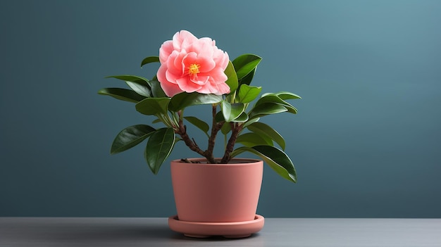 Photo of Camellia flower in pot isolated on white background