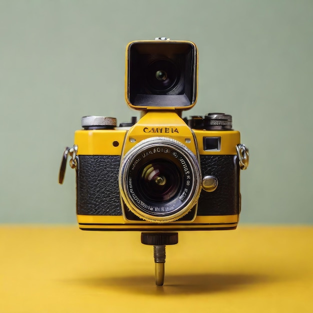 photo camera balancing with yellow background