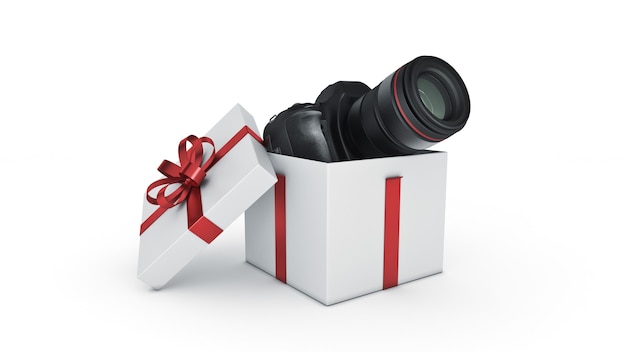 Photo camera in gift box Gift box concept 3d rendering