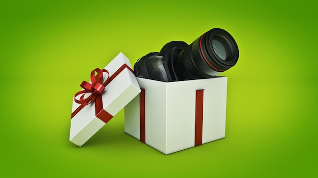 Photo camera in gift box, Gift box concept. 3d rendering