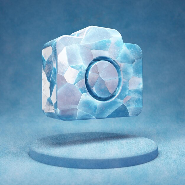 Photo Camera icon. Cracked blue Ice Photo Camera symbol on blue snow podium. Social Media Icon for website, presentation, design template element. 3D render.