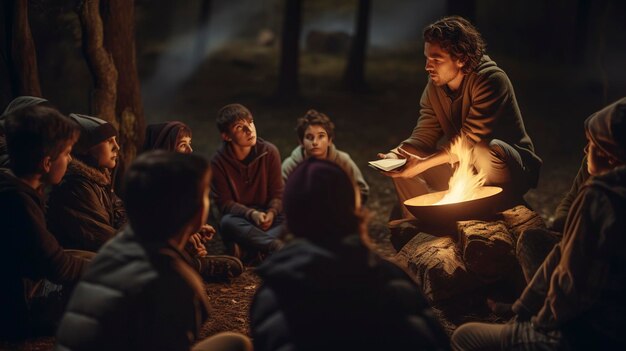 A photo of a campfire storytelling session for outdoor education