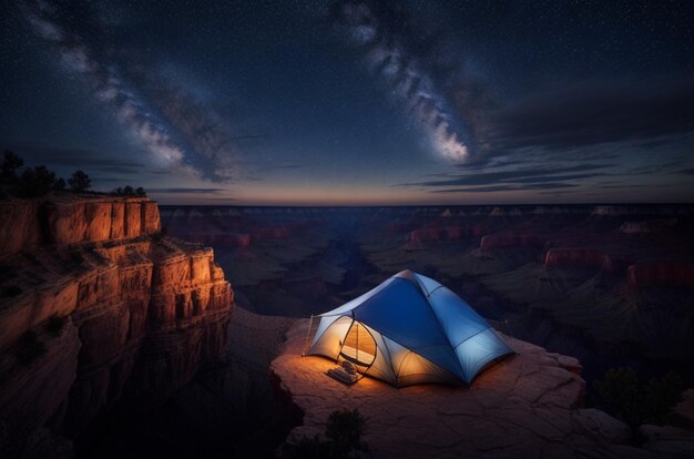 美しい夜空とグランドキャニオンを背景にしたキャンプ場の写真