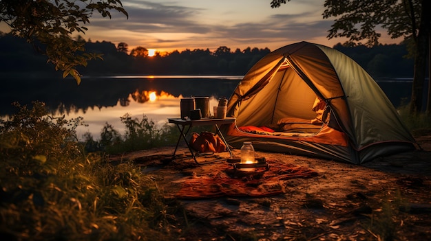 Photo camping in the forest by the river