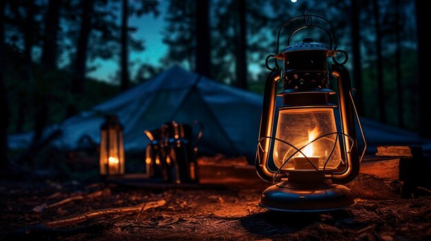 A Photo of a Camping Lantern and Campfire at Night