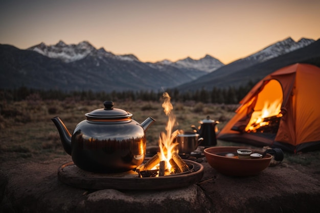 Photo of camping in the mountains with a campfire and tent