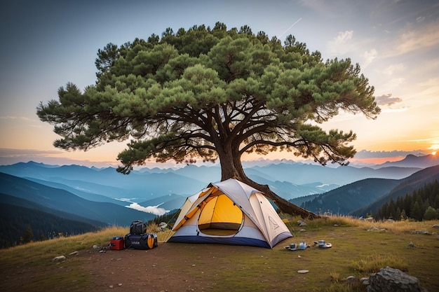 Photo camping tent under the big tree on mountain