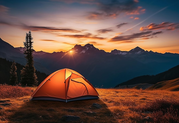 Фотография палатки на горных холмах с закатной природой