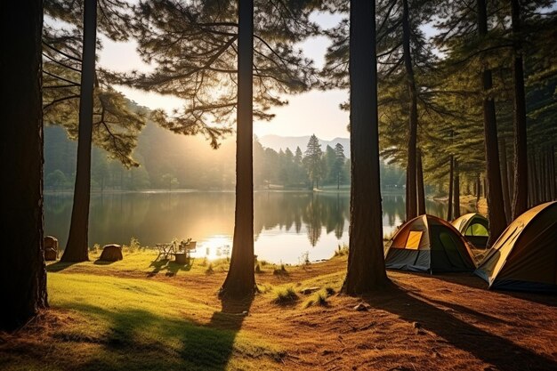 Foto foto tende da campeggio sotto i pini con la luce del sole al lago pang ung mae hong son in thailandia