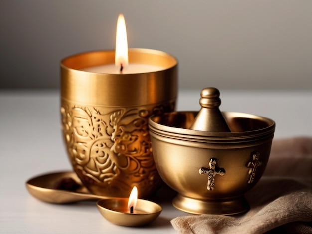 Photo candle golden cup bowl and cross on table on white background space for text