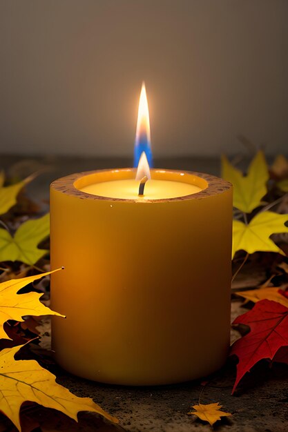 Photo a photo of a candle surrounded by fall flowerss