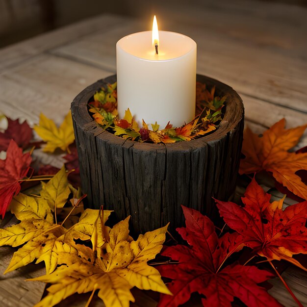 A photo of a candle surrounded by fall leaves