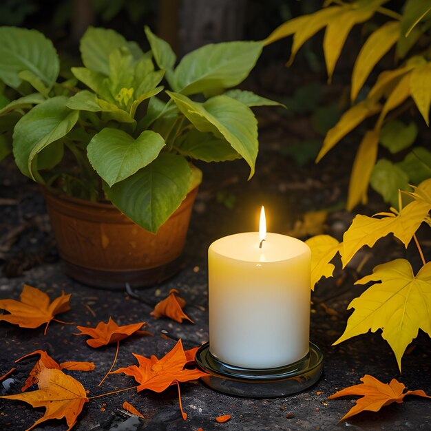 Foto una foto di una candela circondata da foglie d'autunno