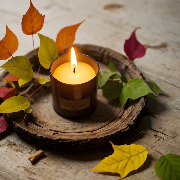 Foto una foto di una candela circondata da foglie d'autunno