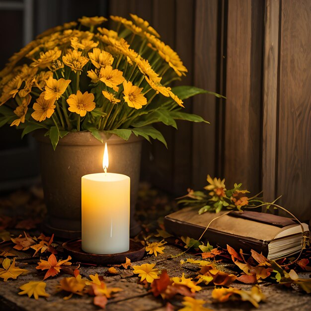 A photo of a candle surrounded by fall leaves