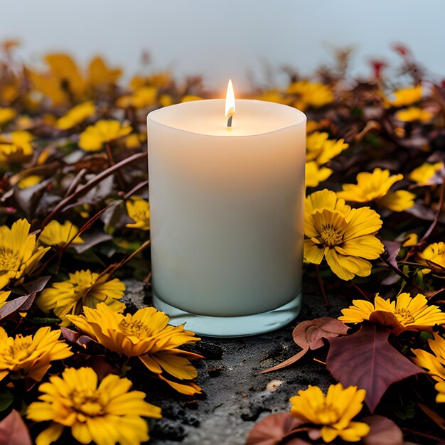 A photo of a candle surrounded by fall leaves