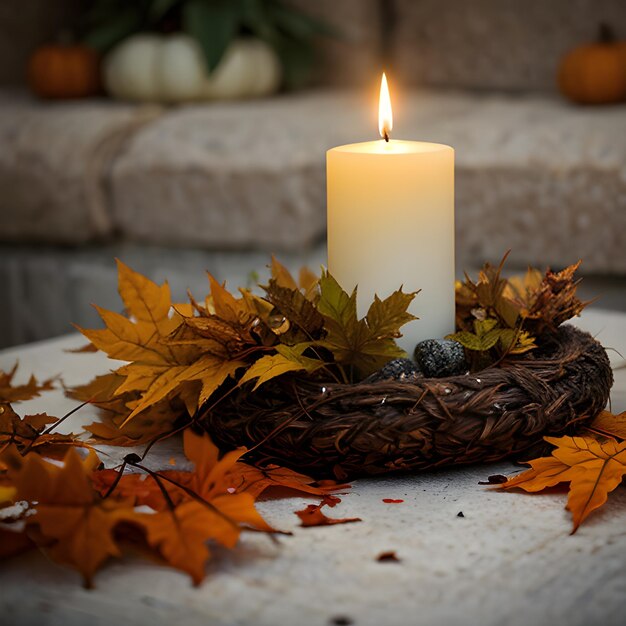 Foto una foto di una candela circondata da foglie d'autunno