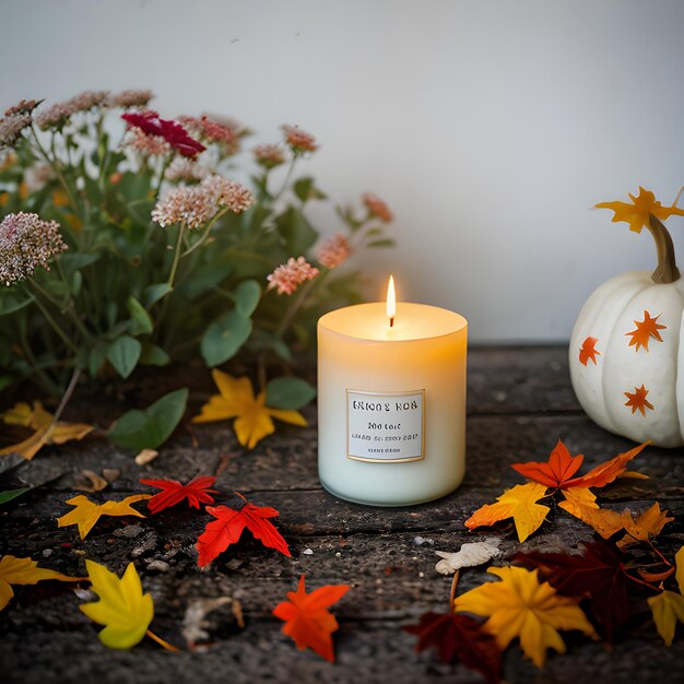 A photo of a candle surrounded by fall leaves