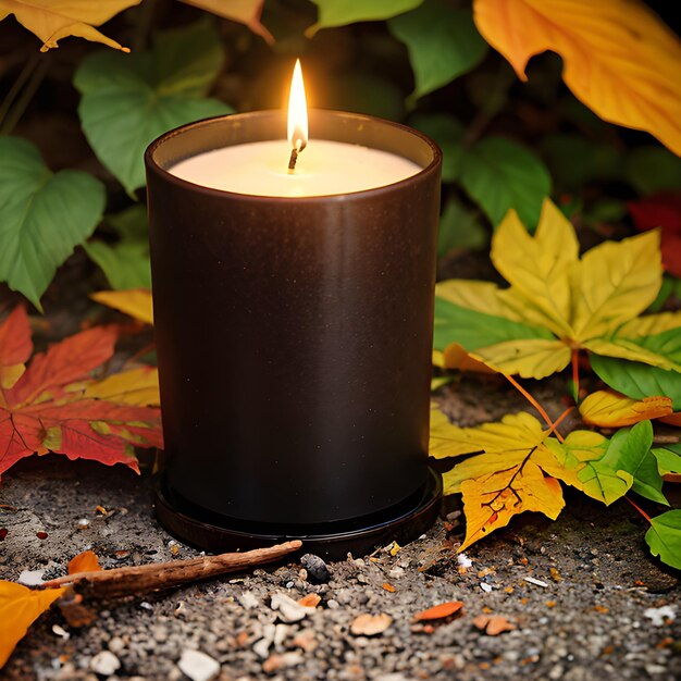 Foto una foto di una candela circondata da foglie d'autunno