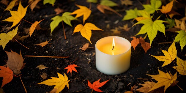 A photo of a candle surrounded by fall leaves