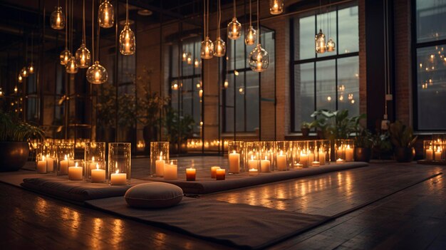 A photo of a candlelit yoga or meditation space