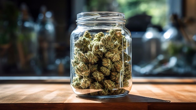 A photo of cannabis buds in a glass jar