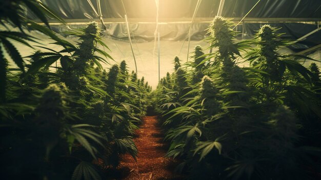 A photo of a cannabis plantation with rows