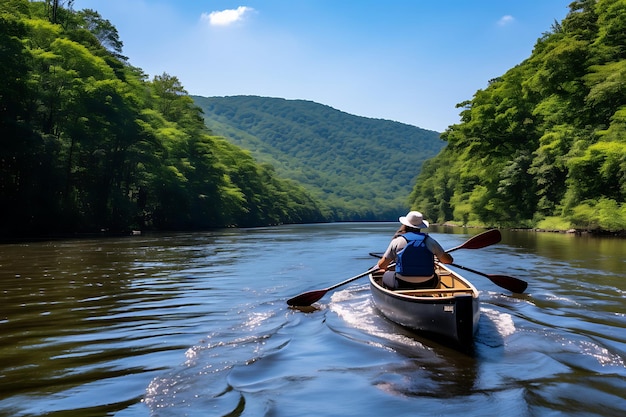 Photo of Canoeists paddling on a calm river