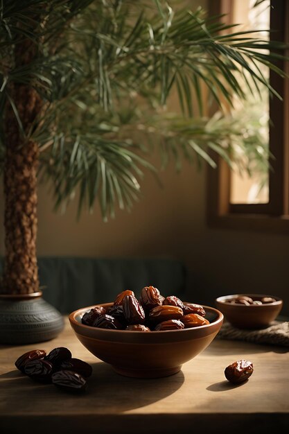 Photo photo of a canopy with date trees and fresh dates in a bowl