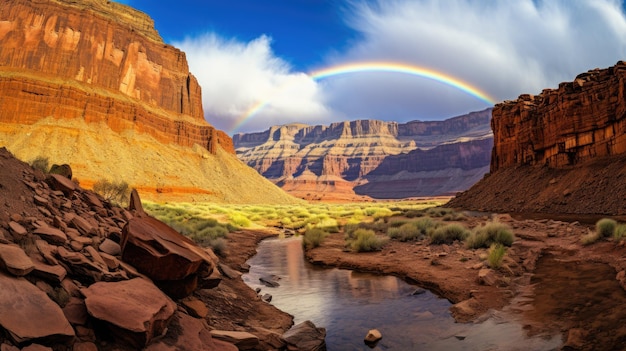 A photo of a canyon with a rainbow rugged cliffs