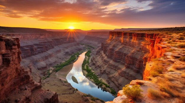 A photo of a canyon with a winding river steep cliffs