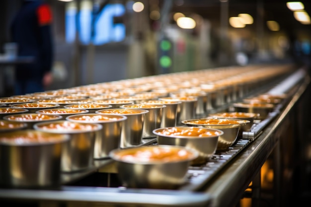 A photo captures the assembly of canned cuisine on an industrial conveyor providing a visual narrative of the culinary artistry involved in preparing diverse canned dishes